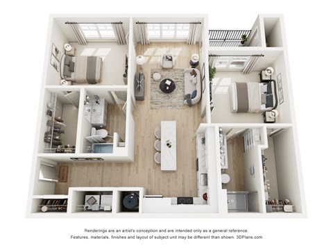 Floor plan for 2 beds, 2 baths, 1000 sqft